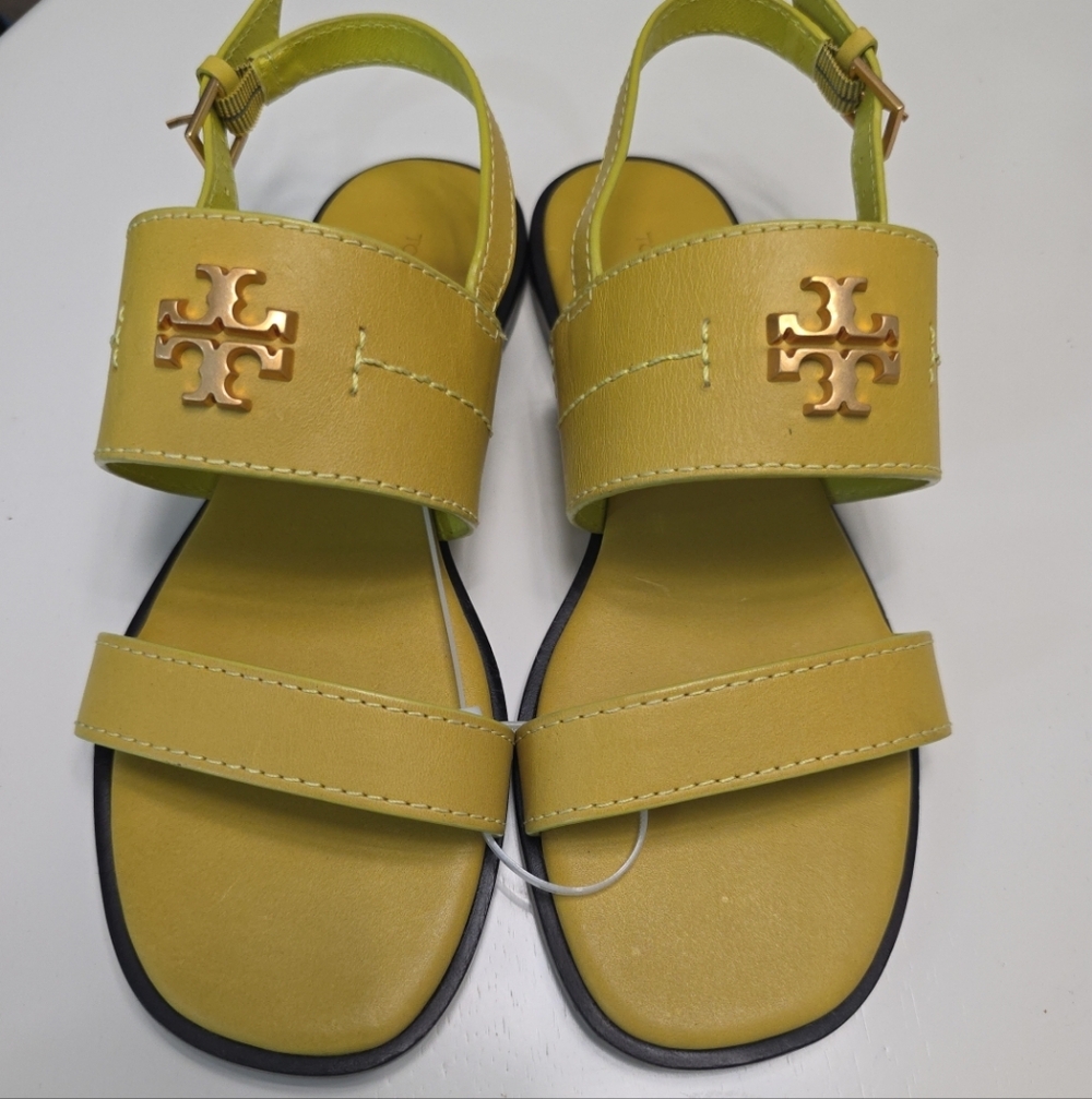 TORY BURCH Everly Double Strap Leather Flat Sandals in Island Chartreuse Size 5